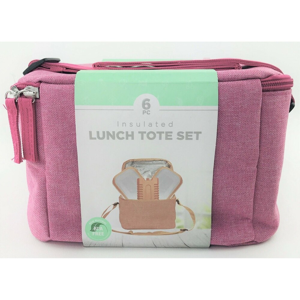 Pink Insulated Soft Cooler Lunch Tote Bag 6pc Set Ice Pack Containers Adj Strap